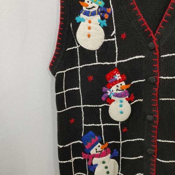 Christmas Sweater Vest B P Design Snowmen Black Knit Button Front Size L - Picture 4 of 7